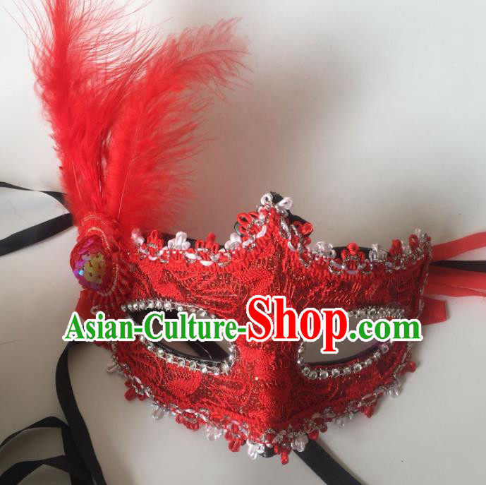 Top Grade Halloween Red Lace Mask Fancy Ball Cosplay Feather Face Masks for Women