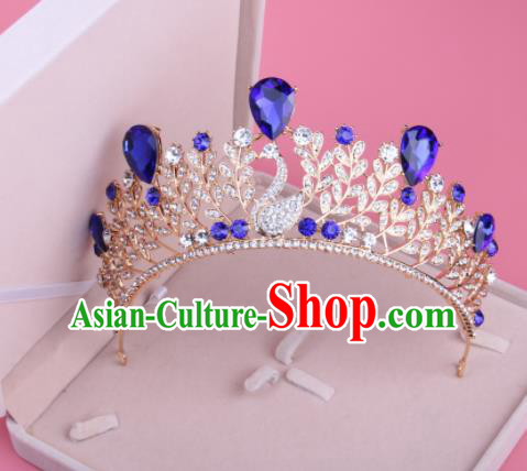 Top Grade Baroque Hair Accessories Catwalks Princess Blue Crystal Swan Royal Crown for Women