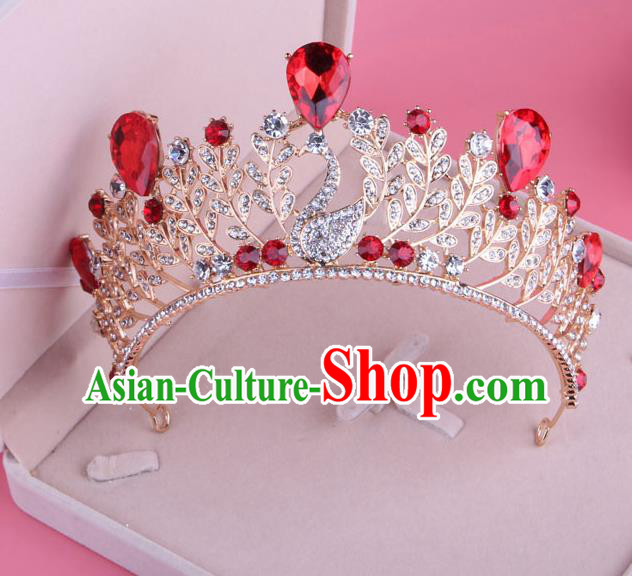 Top Grade Baroque Hair Accessories Catwalks Princess Red Crystal Swan Royal Crown for Women