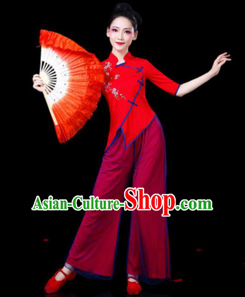 Chinese Traditional Folk Dance Costumes Fan Dance Yangko Group Dance Red Clothing for Women