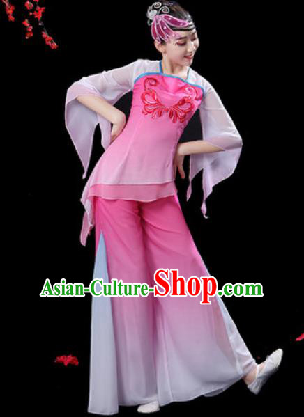 Traditional Chinese Folk Dance Pink Costumes Fan Dance Yangko Dance Clothing for Women
