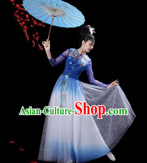 Chinese Classical Dance Royalblue Veil Dress Traditional Umbrella Dance Fan Dance Costumes for Women