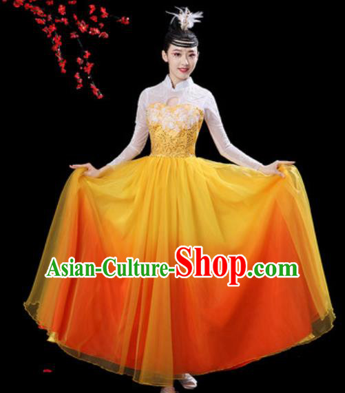 Chinese Classical Dance Chorus Orange Dress Traditional Umbrella Dance Fan Dance Costumes for Women