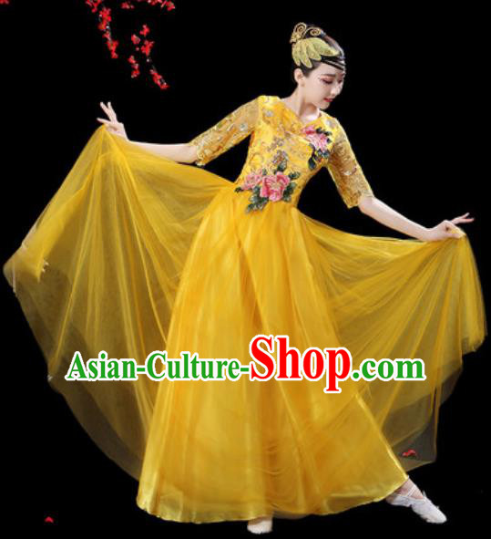 Professional Modern Dance Stage Show Costumes Chorus Group Dance Yellow Dress for Women