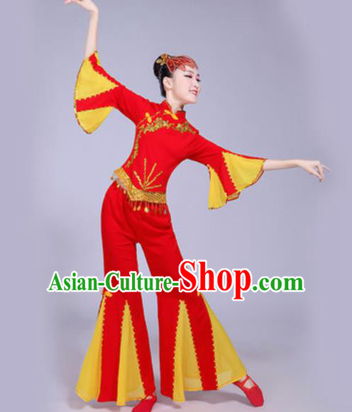 Chinese Traditional Yangko Dance Fan Dance Red Costumes Folk Dance Clothing for Women
