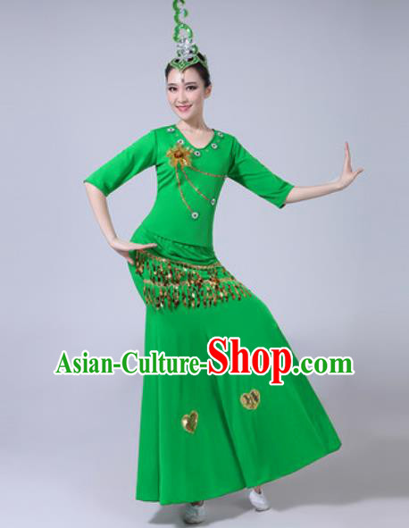 Chinese Ethnic Costumes Traditional Dai Nationality Peacock Dance Folk Dance Green Dress for Women