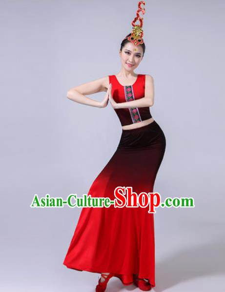 Chinese Ethnic Costumes Traditional Dai Nationality Peacock Dance Folk Dance Gradient Red Dress for Women