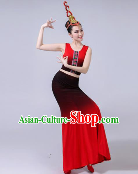 Chinese Ethnic Costumes Traditional Dai Nationality Peacock Dance Folk Dance Red Dress for Women