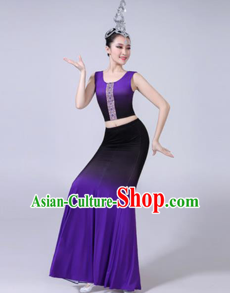Chinese Ethnic Costumes Traditional Dai Nationality Peacock Dance Folk Dance Gradient Purple Dress for Women