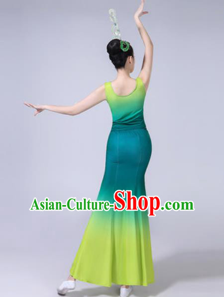 Chinese Ethnic Costumes Traditional Dai Nationality Peacock Dance Folk Dance Gradient Green Dress for Women