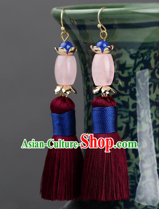 Chinese Yunnan National Classical Rose Quartz Earrings Traditional Ear Jewelry Accessories for Women