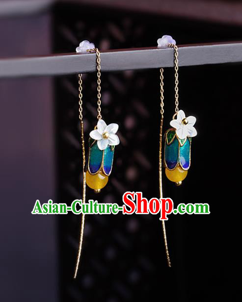 Chinese National Hanfu Classical Yellow Chalcedony Tassel Earrings Traditional Ear Jewelry Accessories for Women