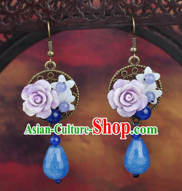 Chinese Yunnan National Classical Blue Chalcedony Earrings Traditional Ear Jewelry Accessories for Women