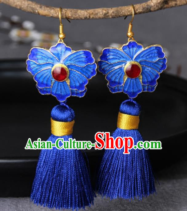 Chinese Yunnan National Classical Blueing Lotus Tassel Earrings Traditional Hanfu Ear Jewelry Accessories for Women