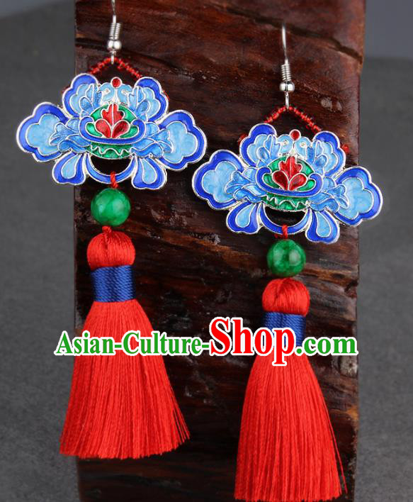 Chinese Yunnan National Classical Tassel Earrings Traditional Hanfu Blueing Lotus Ear Jewelry Accessories for Women