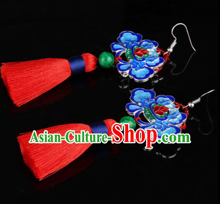 Chinese Yunnan National Classical Tassel Earrings Traditional Hanfu Blueing Lotus Ear Jewelry Accessories for Women