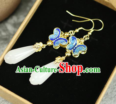 Chinese Handmade Blueing Butterfly Jade Earrings Traditional Classical Hanfu Ear Jewelry Accessories for Women