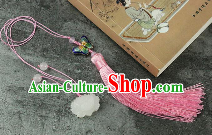 Handmade Chinese Traditional Pink Tassel Lotus Jade Pendant Traditional Classical Hanfu Jewelry Accessories for Women