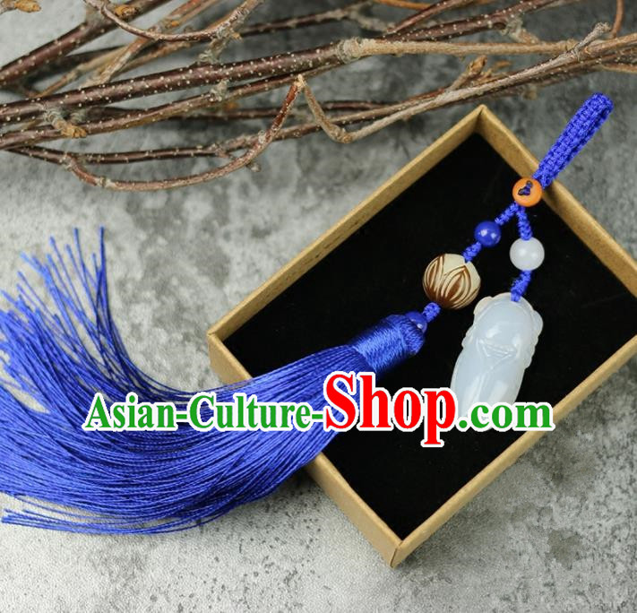 Handmade Chinese Traditional Blue Tassel Jade Cicada Pendant Traditional Classical Hanfu Jewelry Accessories for Women
