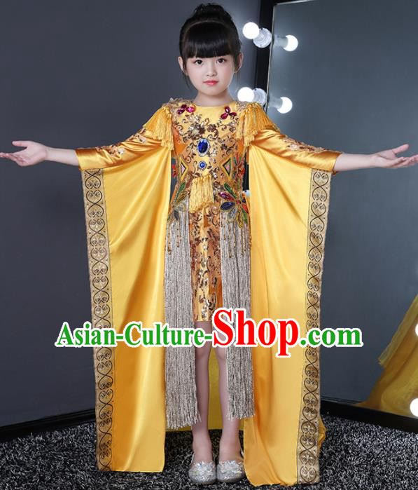 Children Modern Dance Costume Stage Performance Compere Golden Full Dress for Girls Kids