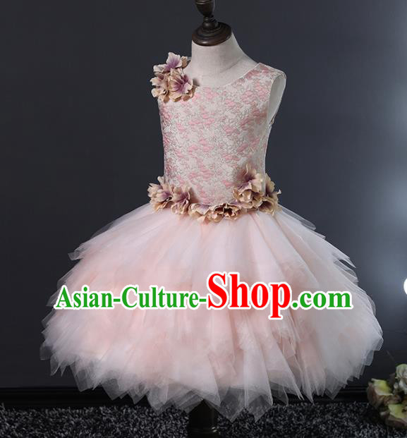 Children Stage Performance Catwalks Costume Ballroom Dance Compere Pink Veil Bubble Dress for Girls Kids
