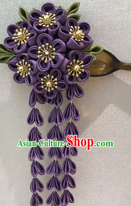 Japanese Traditional Handmade Purple Flowers Tassel Hairpins Asian Japan Classical Kimono Hair Accessories for Women