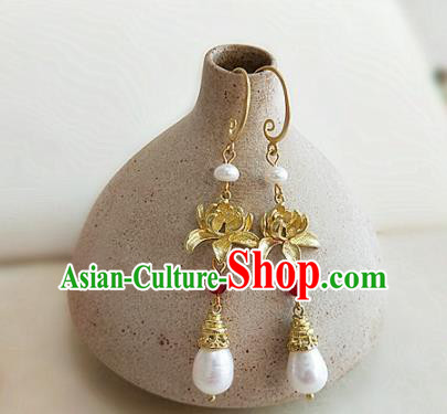 Chinese Ancient Handmade Lotus Pearls Earrings Traditional Classical Hanfu Ear Jewelry Accessories for Women