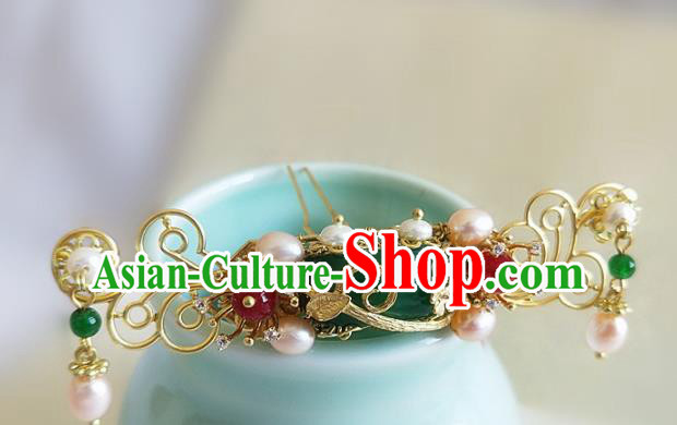 Chinese Ancient Traditional Hanfu Pearls Jade Hairpins Handmade Classical Hair Accessories for Women