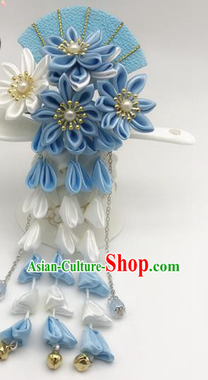 Asian Japanese Traditional Handmade Blue Fan Hairpins Japan Classical Kimono Hair Accessories for Women