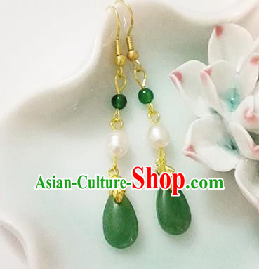 Chinese Ancient Handmade Green Agate Pearl Earrings Traditional Classical Hanfu Ear Jewelry Accessories for Women