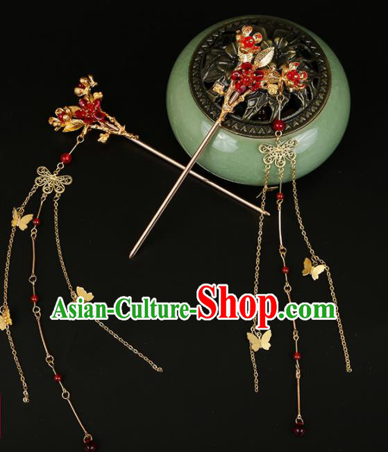 Chinese Ancient Traditional Hanfu Red Flowers Phoenix Coronet Hairpins Handmade Classical Hair Accessories for Women