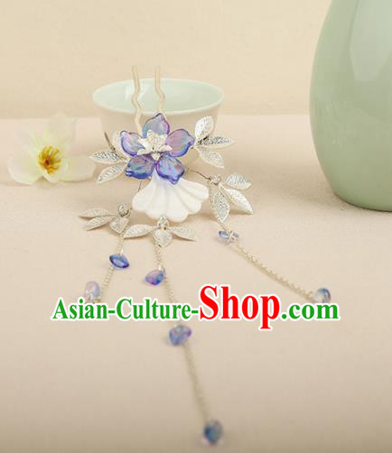 Chinese Ancient Traditional Hanfu Blue Flower Tassel Hairpins Handmade Classical Hair Accessories for Women