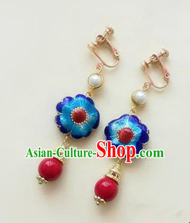 Chinese Ancient Handmade Blueing Earrings Traditional Classical Hanfu Ear Jewelry Accessories for Women