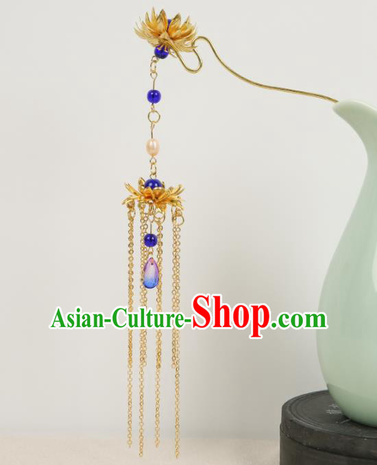 Chinese Ancient Traditional Hanfu Hairpins Golden Lotus Tassel Hair Clips Handmade Classical Hair Accessories for Women