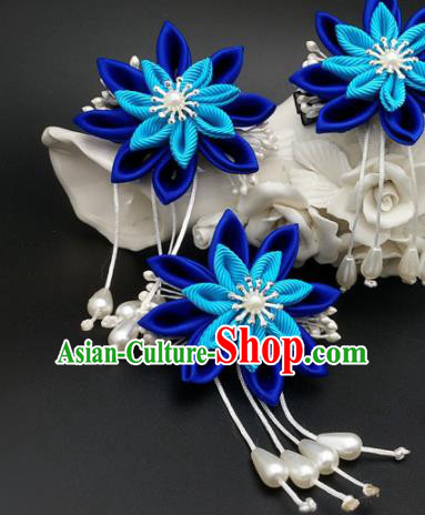 Asian Japanese Traditional Geisha Blue Flowers Hair Stick Japan Kimono Handmade Classical Hair Accessories for Women
