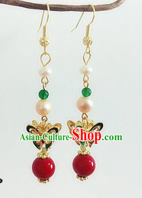 Chinese Ancient Handmade Pearls Butterfly Earrings Traditional Classical Hanfu Ear Jewelry Accessories for Women