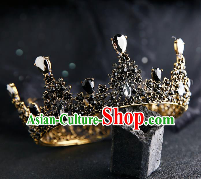 Handmade Top Grade Hair Accessories Baroque Black Round Royal Crown for Women