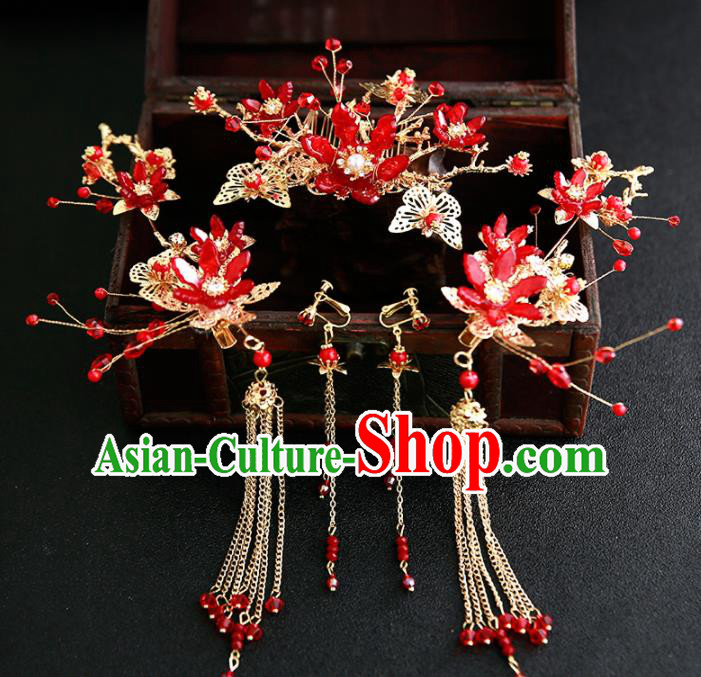 Chinese Ancient Traditional Hanfu Red Flowers Hair Comb Hairpins Handmade Classical Hair Accessories for Women