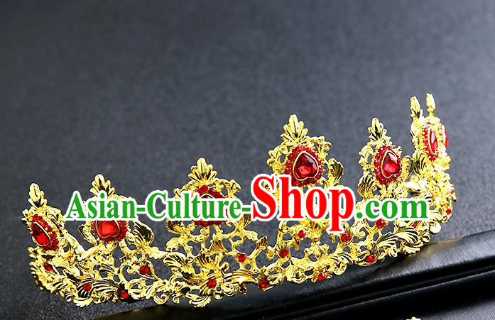 Top Grade Handmade Red Crystal Golden Royal Crown Hair Accessories Baroque Princess Hair Clasp for Women