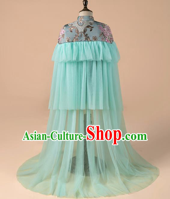Children Catwalks Costume Chinese Girls Compere Modern Dance Green Veil Full Dress for Kids
