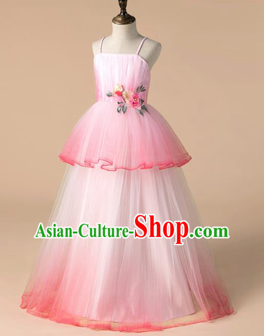 Children Catwalks Costume Girls Catwalks Compere Modern Dance Pink Veil Full Dress for Kids
