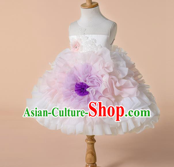 Children Princess Catwalks Costume Girls Compere Modern Dance White Veil Bubble Full Dress for Kids