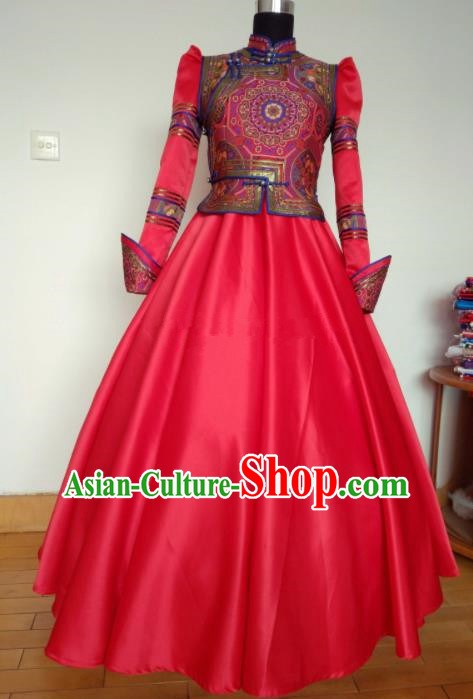 Traditional Chinese Mongol Nationality Wedding Costumes Mongols Female Folk Dance Ethnic Red Dress for Women