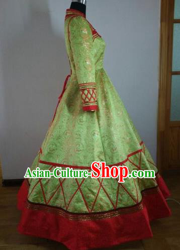 Traditional Chinese Mongol Nationality Wedding Costumes Mongols Female Folk Dance Ethnic Green Dress for Women