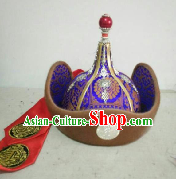 Traditional Chinese Mongol Nationality Folk Dance Hats Mongols Ethnic Royal Highness Purple Hat for Men