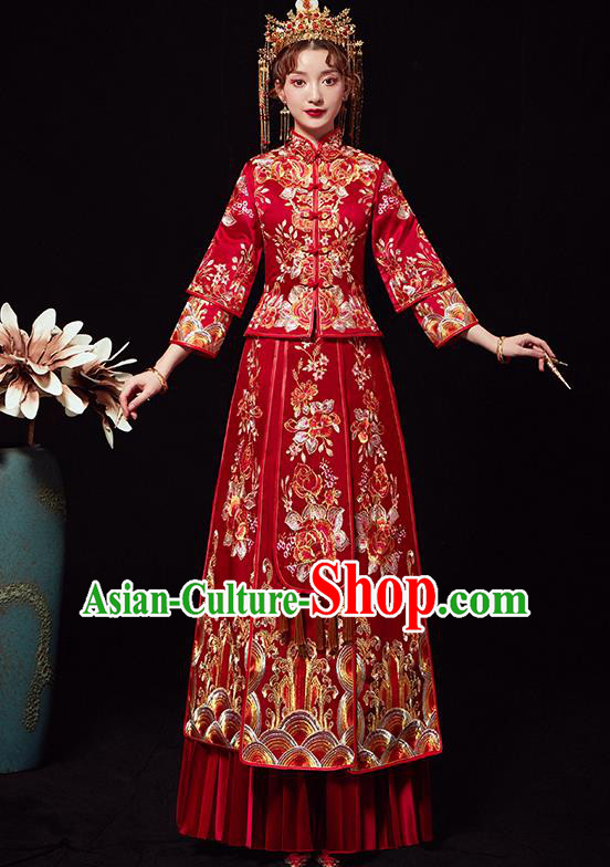 Chinese Traditional Wedding Costumes Ancient Bride Embroidered Peony Red Xiuhe Suits Full Dress for Women