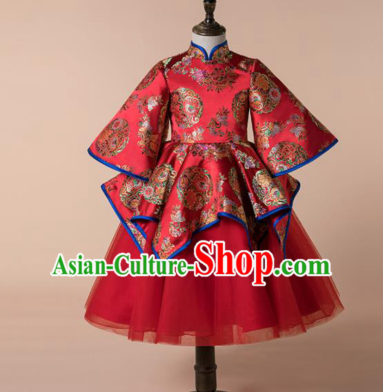 Children Catwalks Costume Chinese Girls Compere Modern Dance Red Satin Cheongsam Full Dress for Kids