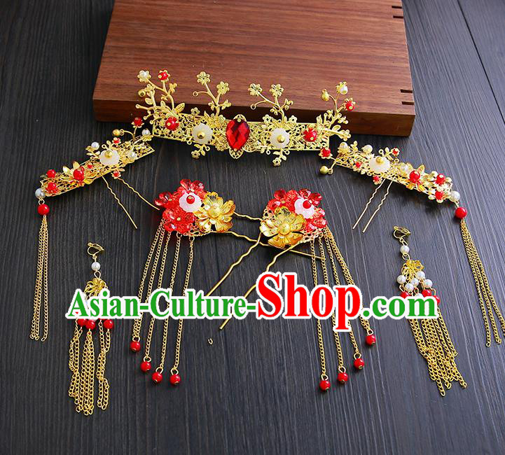 Chinese Ancient Traditional Hanfu Wedding Tassel Hair Clips Hairpins Handmade Classical Hair Accessories Complete Set for Women