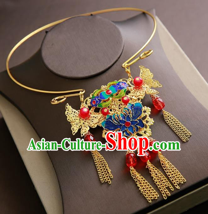 Chinese Ancient Handmade Blueing Chrysanthemum Necklace Traditional Classical Hanfu Jewelry Accessories for Women