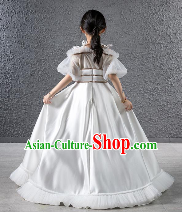 Children Stage Performance Catwalks Costume Compere Princess White Trailing Full Dress for Girls Kids